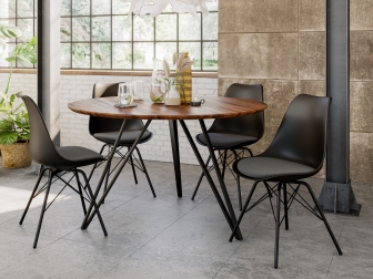 Essgruppe 120 cm Akazie nussbaumfarben Metallfuß schwarz mit 4 Stühlen INSA