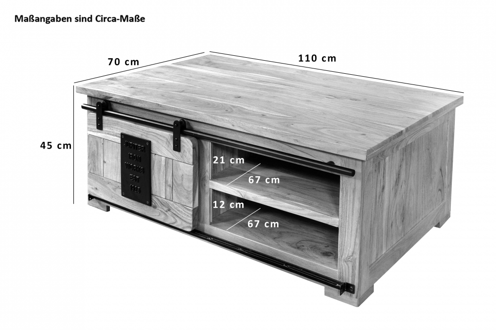 Couchtisch mit Schiebetür und 3 Fächern Akazie massiv 110 x 45 x 70 cm natur LIBRO itemprop=