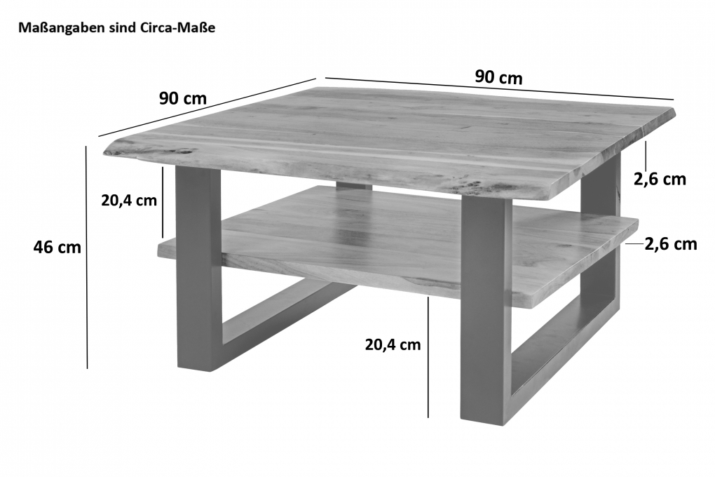 B-Ware Couchtisch Baumkante 90 x 90 cm Akazie massiv + nussbaumfarben silber PATRICK itemprop=