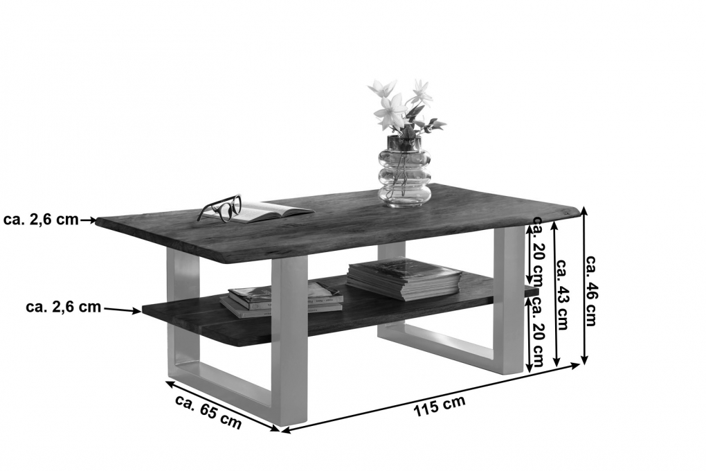 B-Ware Couchtisch Baumkante 115 x 65 cm Akazie massiv + nussbaumfarben silber PATRICK itemprop=