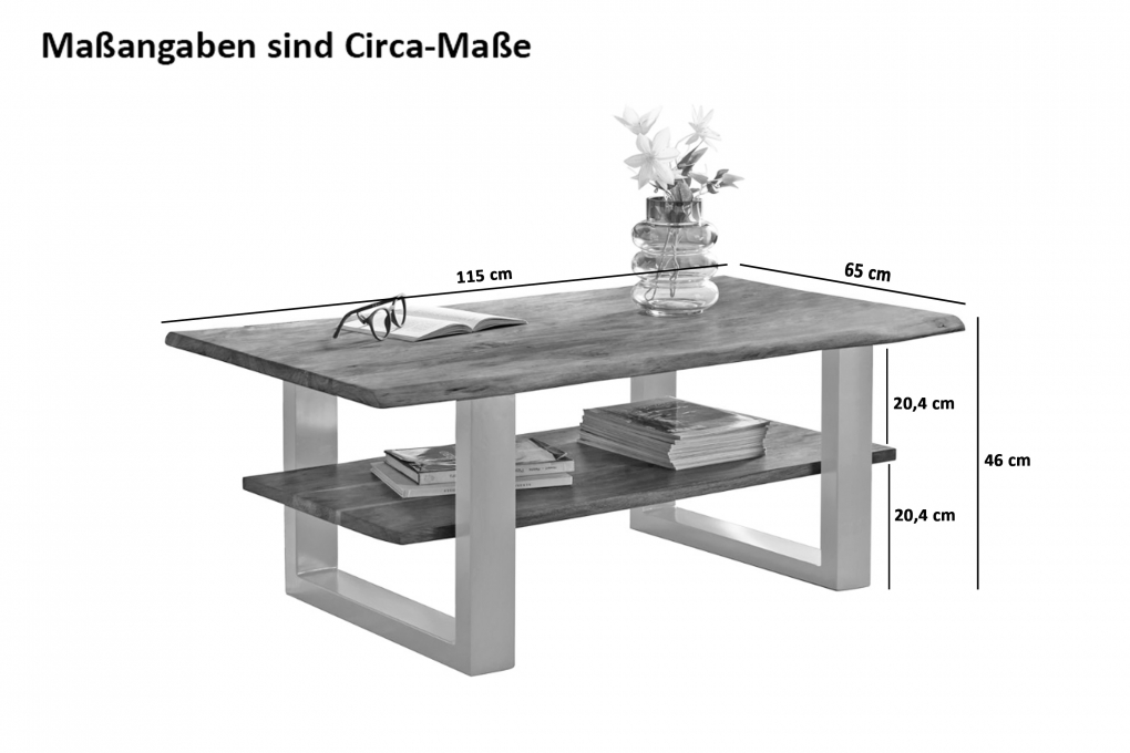 B-Ware Couchtisch Baumkante 115 x 65 cm Akazie massiv + naturfarben silber PATRICK itemprop=