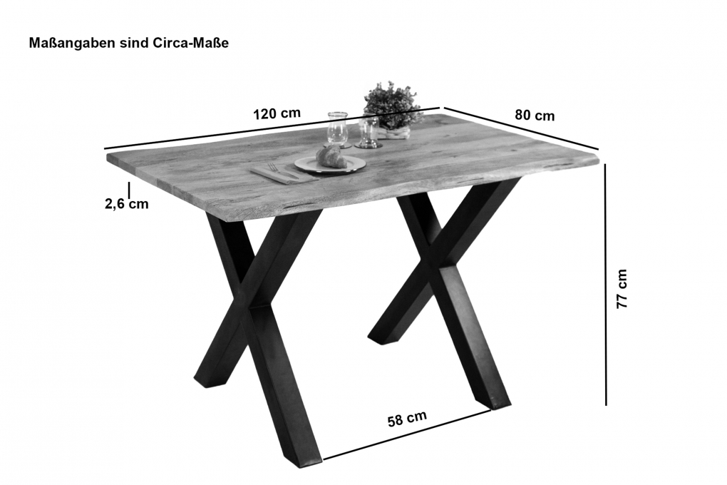 Esstisch Baumkante Massiv Mango naturfarben 120 x 80 schwarz X-Gestell Tiger itemprop=