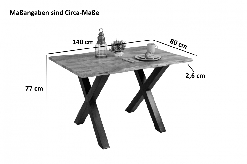 Esstisch Baumkante Massiv Mango naturfarben 140 x 80 schwarz X-Gestell Tiger itemprop=