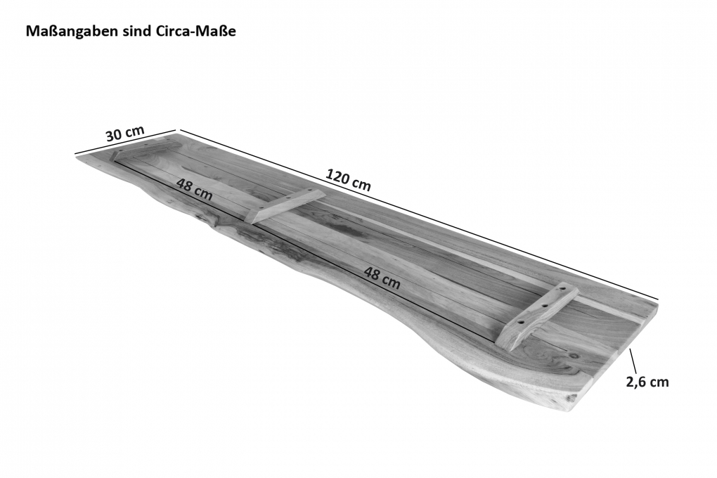 Holzplatte Arya mit echter Baumkante (einseitig), 120 x 30 cm, Akazienholz nussbaum, massiv & lackiert itemprop=