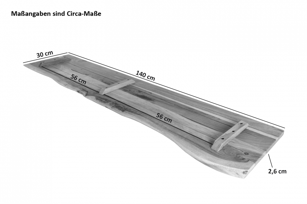 Holzplatte Arya mit echter Baumkante (einseitig), 140 x 30 cm, Akazienholz nussbaum, massiv & lackiert itemprop=