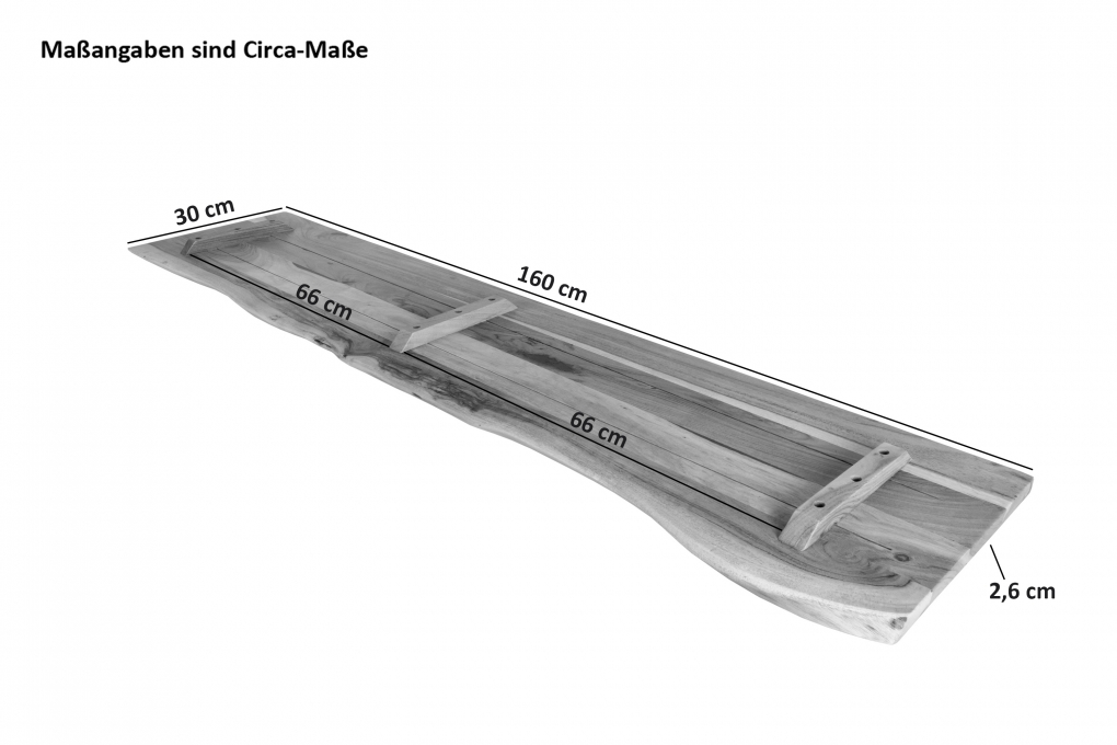 Holzplatte Arya mit echter Baumkante (einseitig), 160 x 30 cm, Akazienholz nussbaum, massiv & lackiert itemprop=