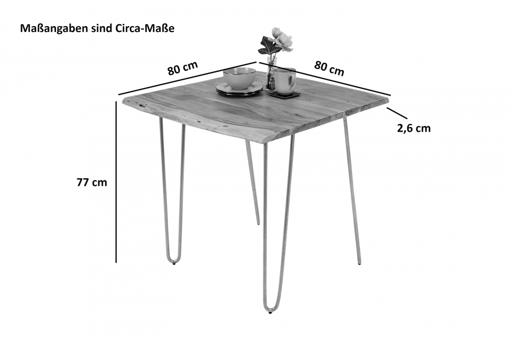 SAM® Esstisch Baumkante massiv Akazie nussbaum 80x80 Hairpin-Gestell silber HANNAH itemprop=