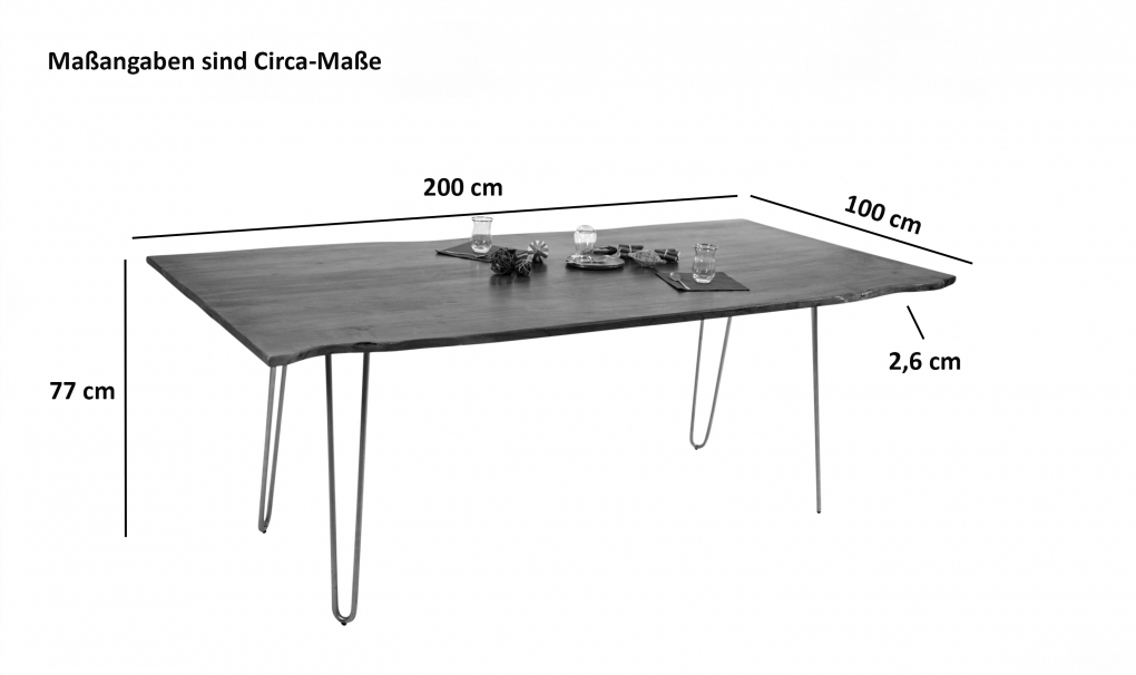 SAM® Esstisch Baumkante massiv Akazie nussbaum 200 Hairpin-Gestell silber HANNAH itemprop=