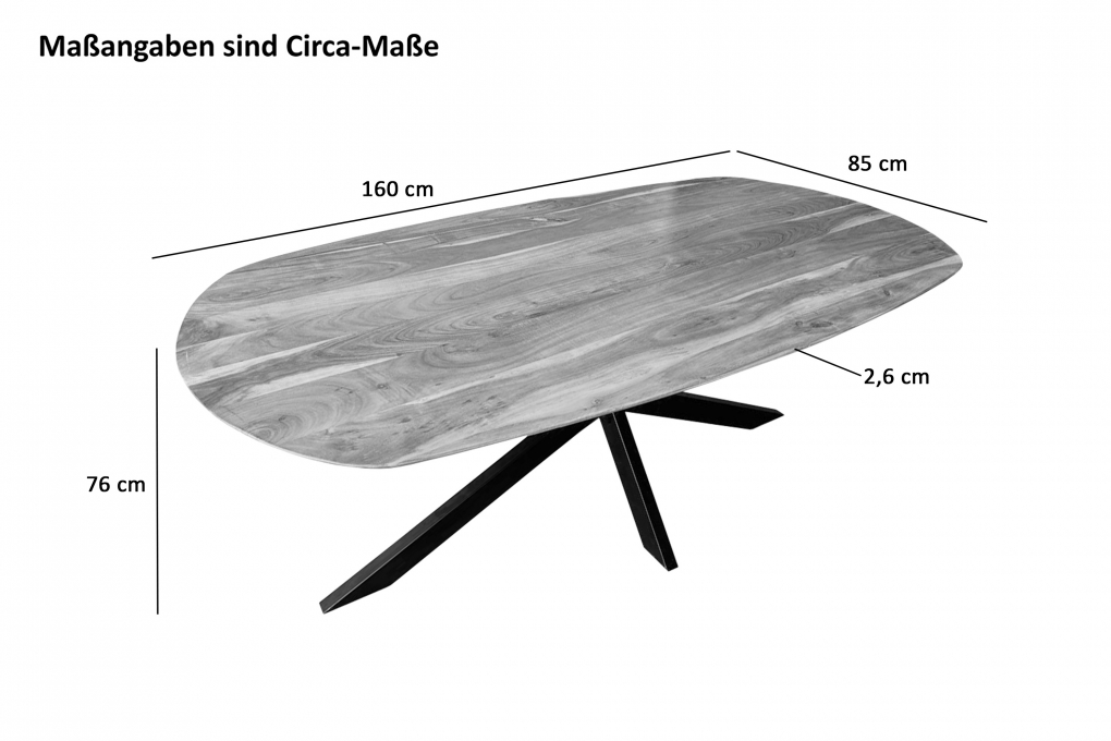 Esszimmertisch Oval 160 x 85 cm Akazienholz massiv natur Spider-Gestell schwarz RAMA itemprop=