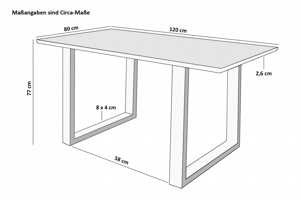 Esstisch 120x80cm Akazie massiv eichenfarben schweizer Kante U-Gestell weiß DEAN itemprop=