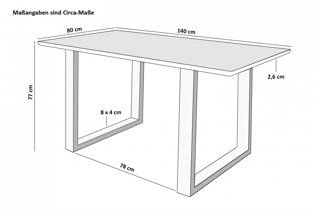 Esstisch 140x80cm Akazie massiv eichenfarben schweizer Kante U-Gestell weiß DEAN itemprop=