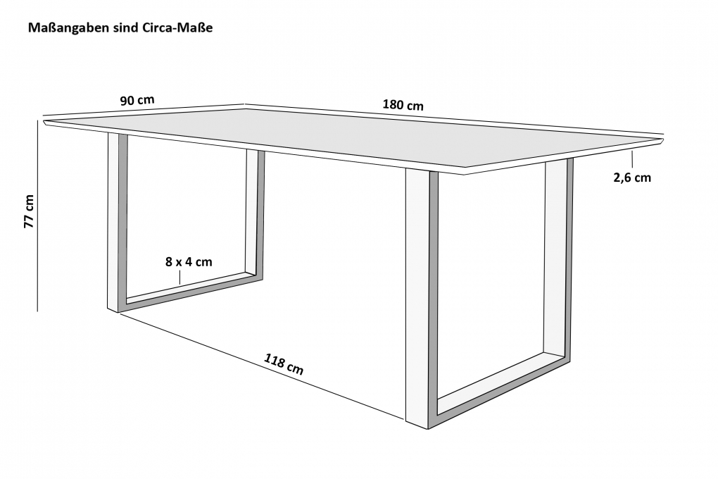 Esstisch 180x90 cm Akazie massiv eichenfarben schweizer Kante U-Gestell weiß DEAN itemprop=