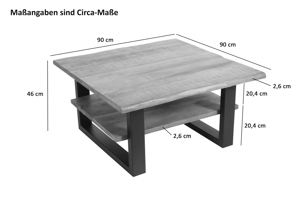 Couchtisch Baumkante 90 x 90 cm Mango massiv + rough schwarz PATRICK itemprop=