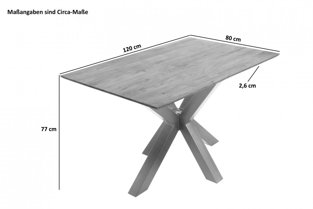 Esstisch 120x80cm Akazie massiv eichenfarben schweizer Kante Spider-Gestell schwarz DEAN itemprop=