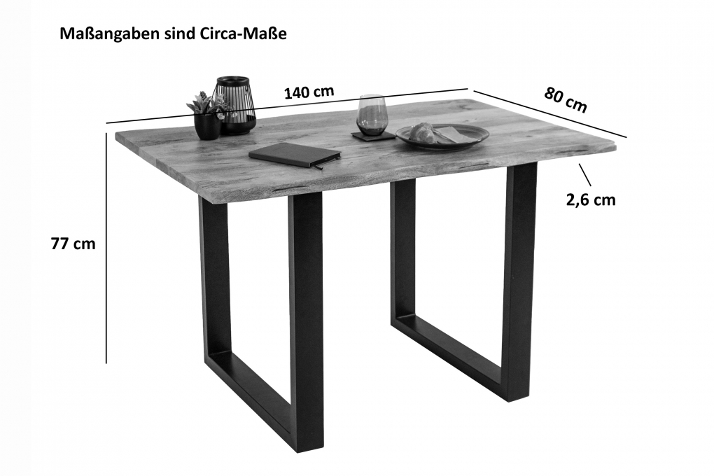 Esstisch Baumkante Massiv Mango naturfarben 140 x 80 schwarz U-Gestell Tiger itemprop=