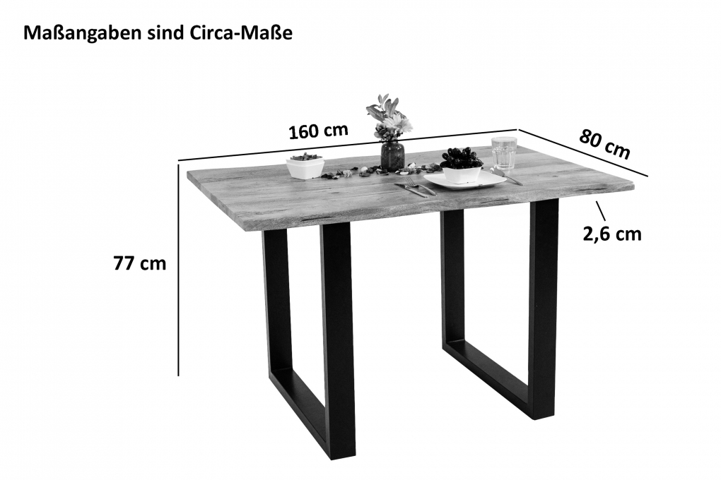 Esstisch Baumkante Massiv Mango naturfarben 160 x 85 schwarz U-Gestell Tiger itemprop=