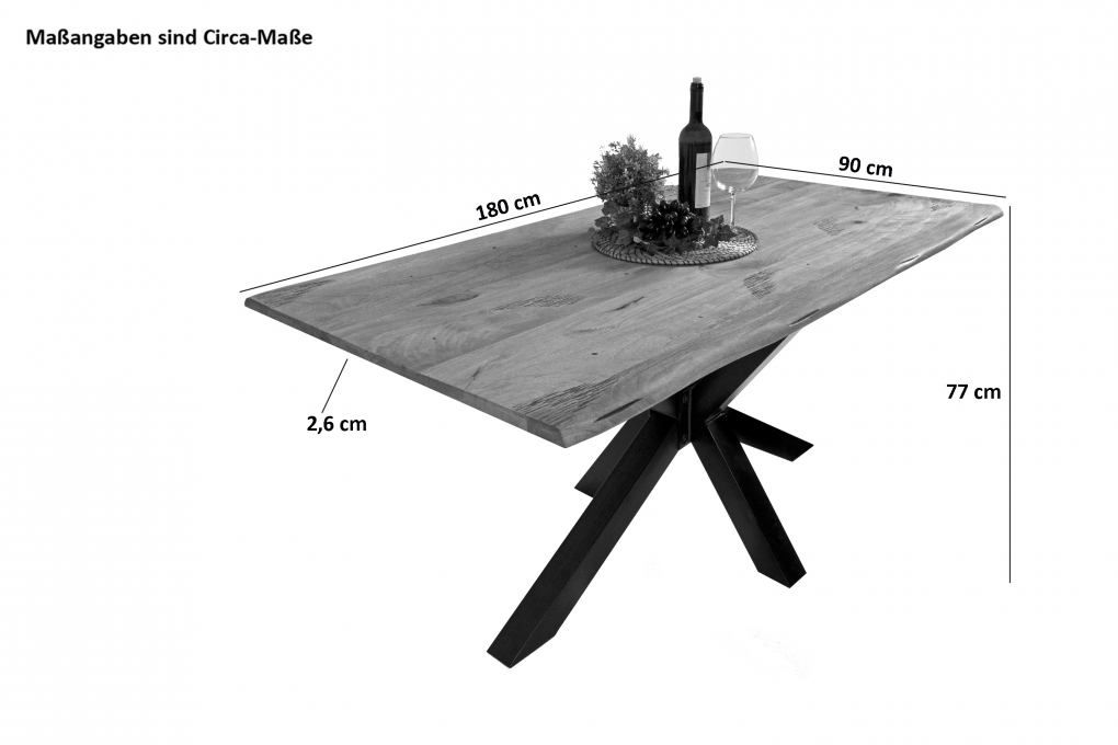 Esstisch Baumkante Massiv Mango naturfarben 180 x 90 schwarz Spider-Gestell Tiger itemprop=