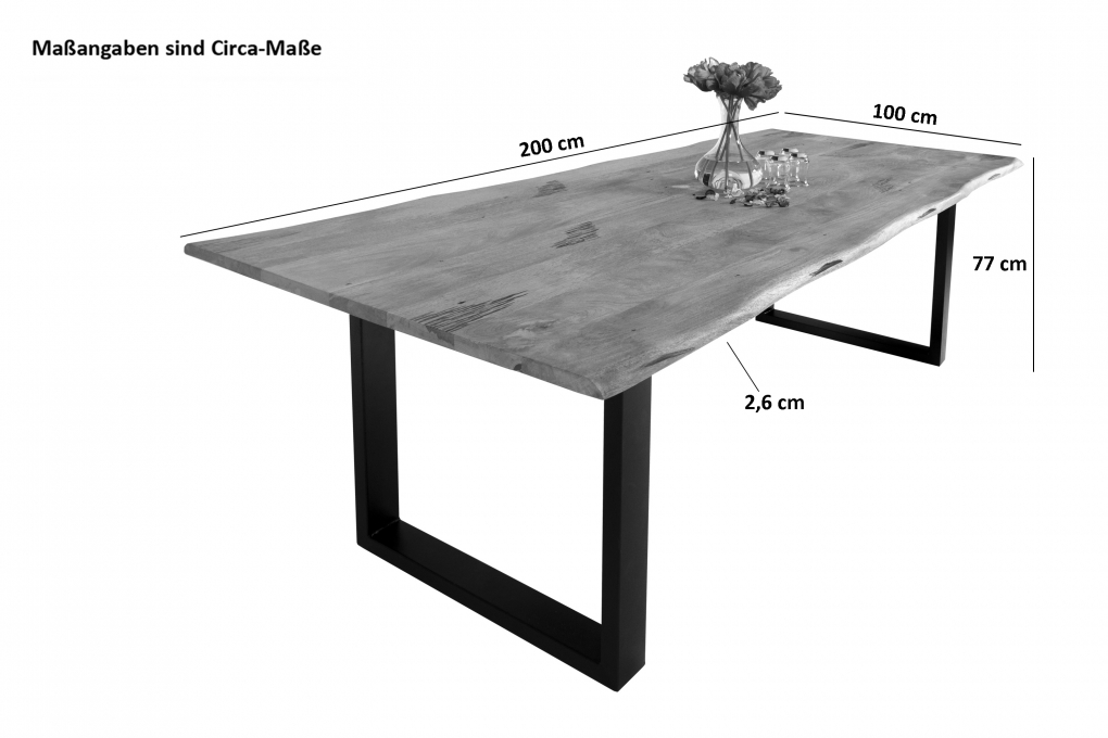 Esstisch Baumkante Massiv Mango naturfarben 200 x 100 schwarz U-Gestell Tiger itemprop=