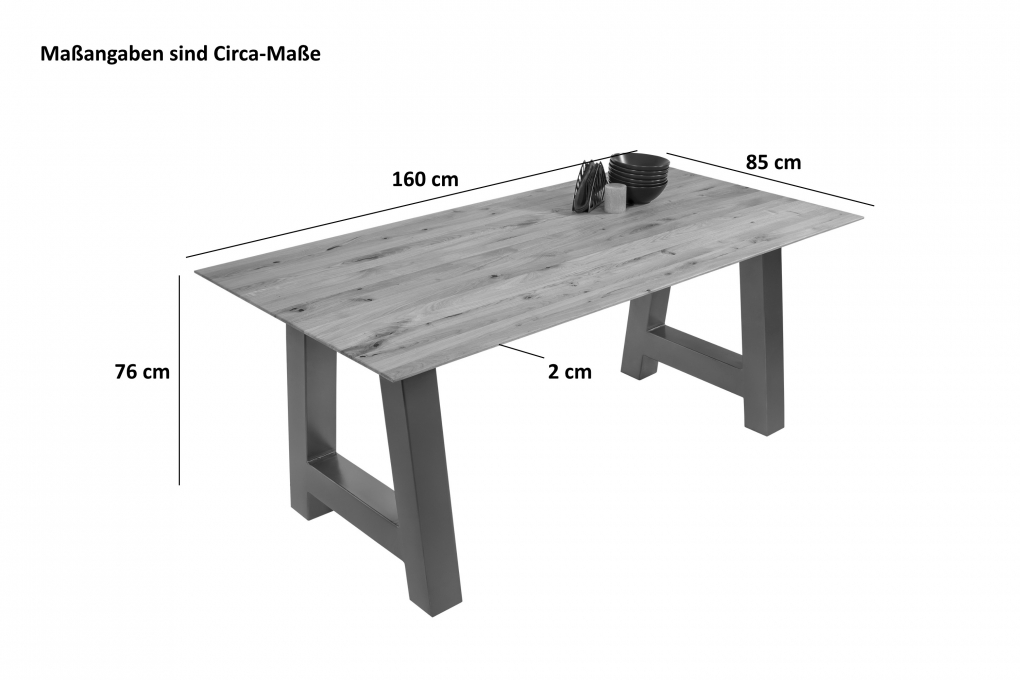 Esszimmertisch Schweizer Kante massiv & geölt Eiche 160x85 schwarz A-Gestell Lotte itemprop=