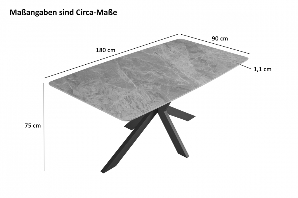 Esstisch Keramik grau/weiß 180x90 Spider-Gestell CREMONA itemprop=