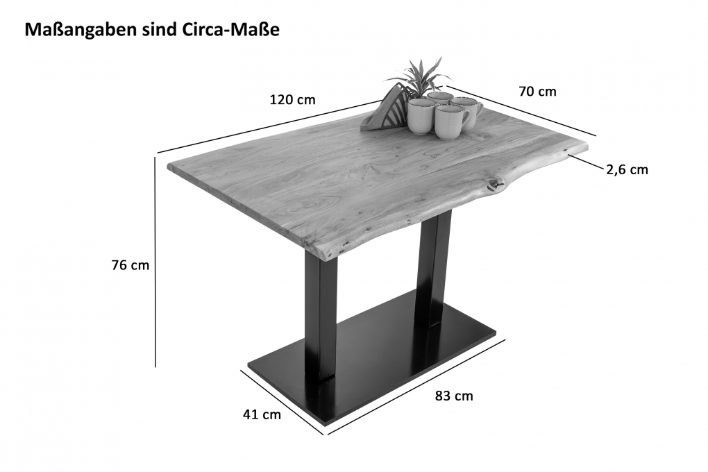 Bistrotisch Baumkante massiv 120 x 70 cm Akazie Naturfarben schwarz Säulengestell ISLA itemprop=