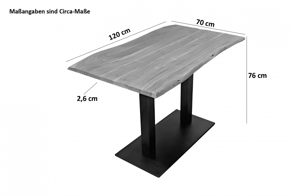 Bistrotisch Baumkante massiv 120x70cm Akazie Nussbaumfarben schwarz Säulengestell ISLA itemprop=