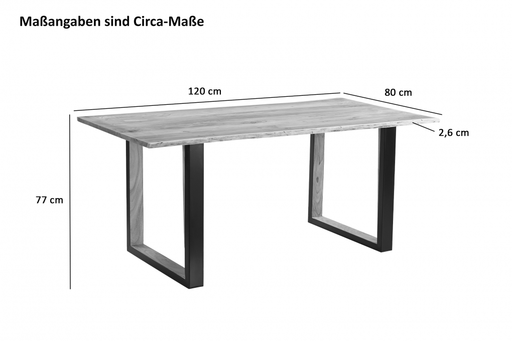 Baumkantentisch 120 x 80 cm Akazie massiv naturfarben schwarzem U-Gestell aus Metall + Holz BRISBANE itemprop=