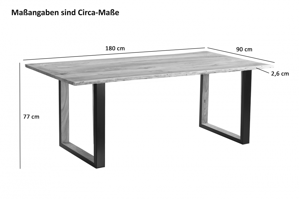 Baumkantentisch 180 x 90 cm Akazie massiv naturfarben schwarzem U-Gestell aus Metall + Holz BRISBANE itemprop=