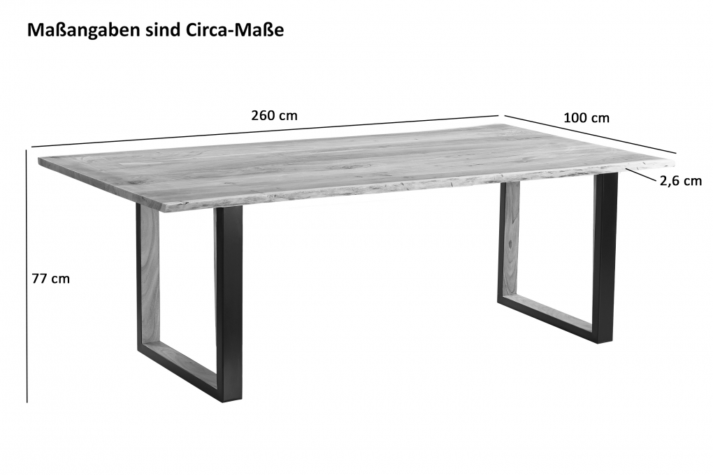 Baumkantentisch 260 x 100 cm Akazie massiv naturfarben schwarzem U-Gestell aus Metall + Holz BRISBANE itemprop=