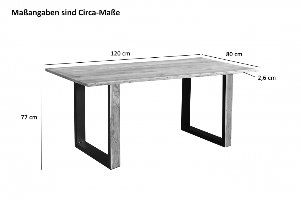 Baumkantentisch 120 x 80 cm Akazie massiv naturfarben schwarzem U-Gestell aus Metall + Holz MELBOURNE itemprop=