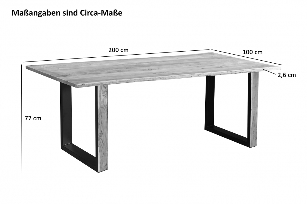 Baumkantentisch 200 x 100 cm Akazie massiv naturfarben schwarzem U-Gestell aus Metall + Holz MELBOURNE itemprop=