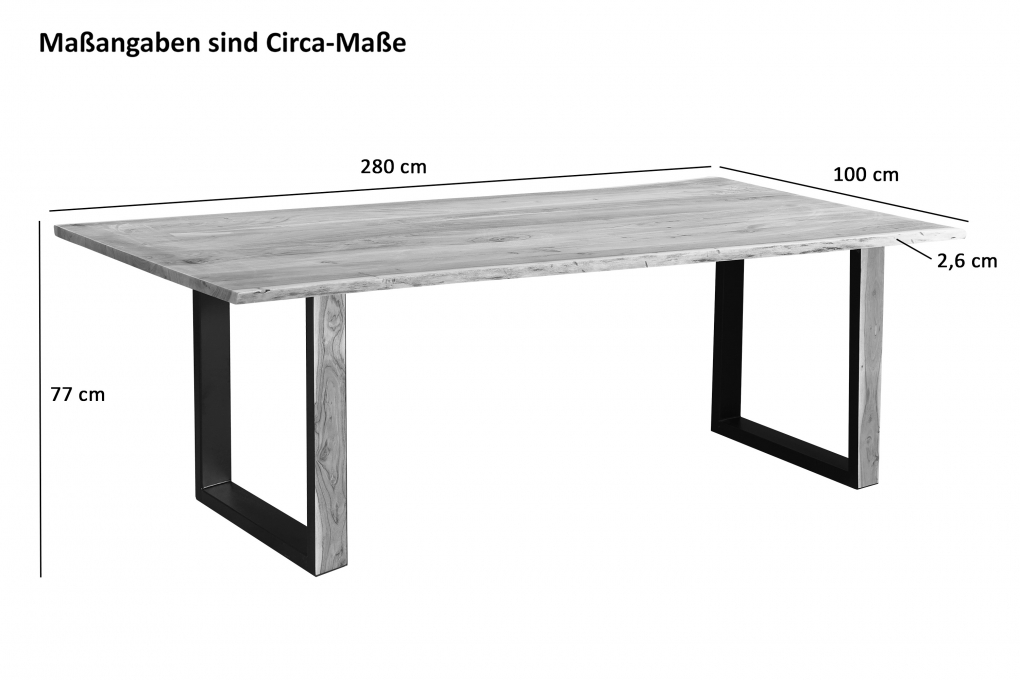 Baumkantentisch 280 x 100 cm Akazie massiv naturfarben schwarzem U-Gestell aus Metall + Holz MELBOURNE itemprop=