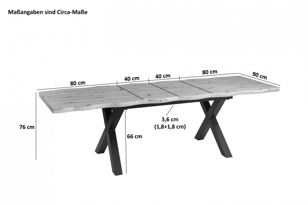 Esstisch Schweizer Kante MDF-Platte eichenfarben 160 x 90 X-Gestell schwarz Bird itemprop=