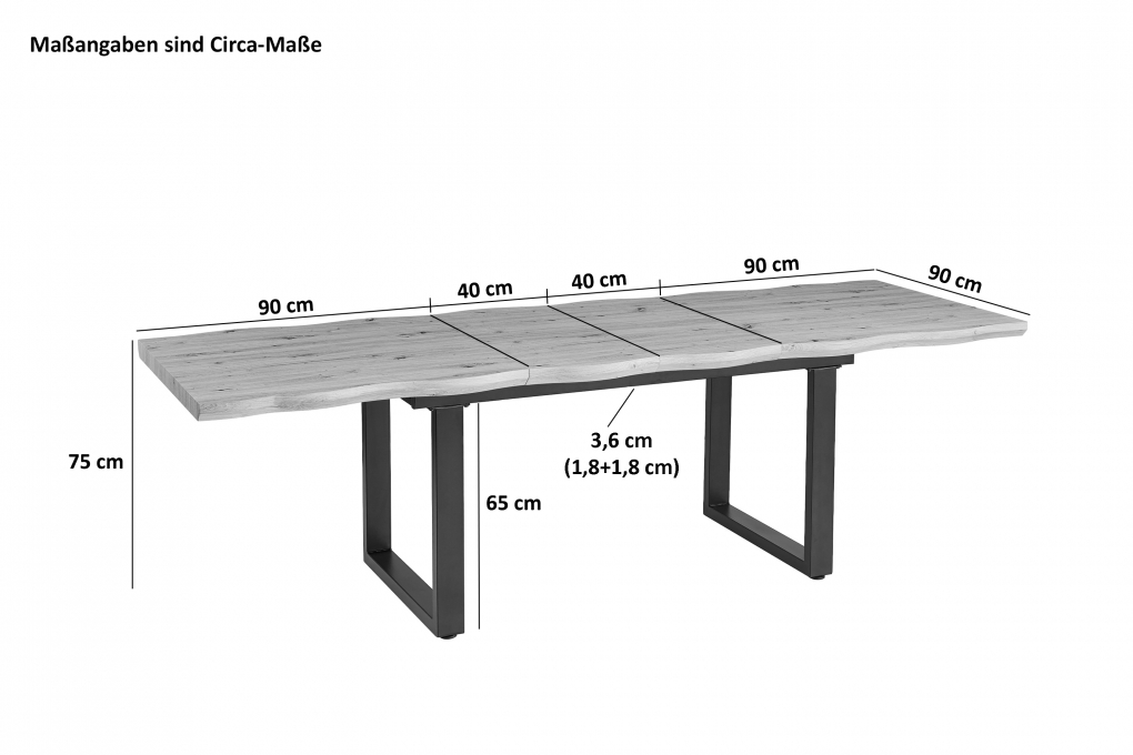 Esstisch Schweizer Kante MDF-Platte eichenfarben 180 x 90 U-Gestell schwarz Bird itemprop=