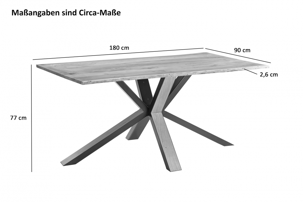 Esstisch Baumkante massiv Akazie natur 180 x 90 Metall Spider-Gestell schwarz außen Holz MIAMI itemprop=