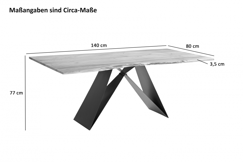 Esstisch Baumkante Massiv Akazie naturfarben 140 x 80 schwarz Schmetter-Gestell MICK itemprop=