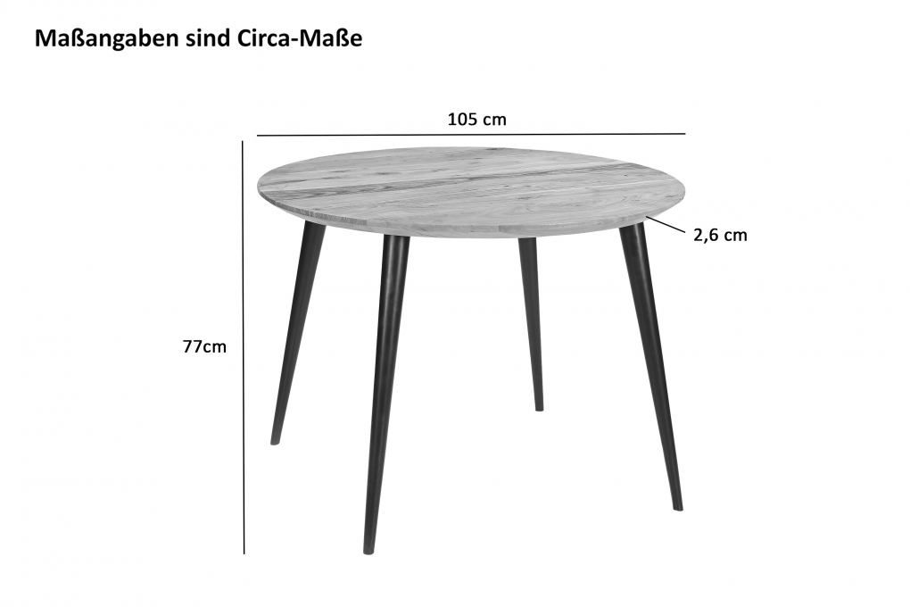 Runder Esszimmertisch Akazie naturfarben Schweizer Kante 105 cm vierfuß-Gestell KIMBERLY itemprop=