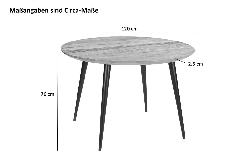 Runder Esszimmertisch Akazie naturfarben Schweizer Kante 120 cm vierfuß-Gestell KIMBERLY itemprop=