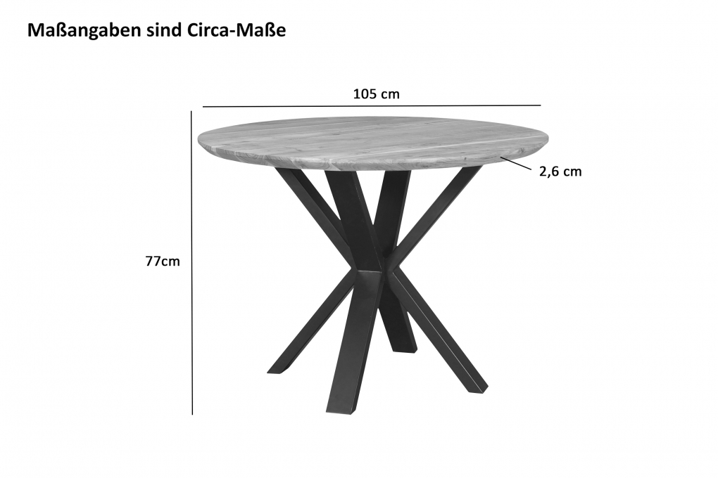 Runder Esszimmertisch Akazie naturfarben Schweizer Kante 105 cm Spider-Gestell schwarz KIMBERLY itemprop=