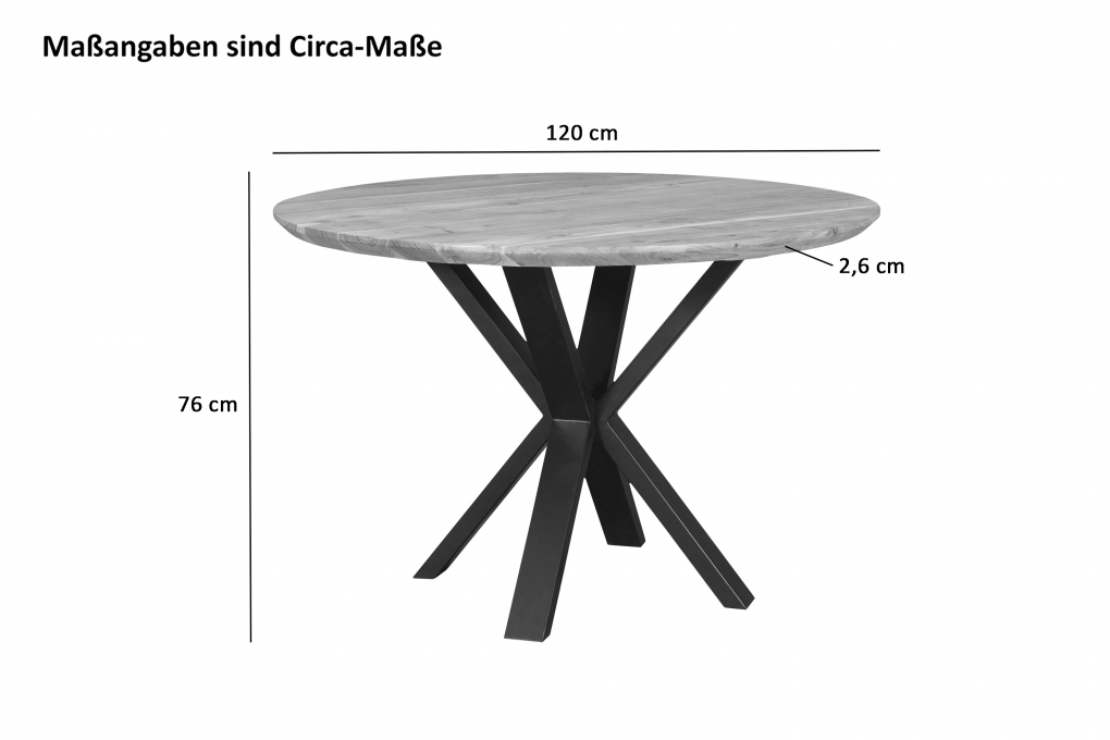 Runder Esszimmertisch Akazie naturfarben Schweizer Kante 120 cm Spider-Gestell schwarz KIMBERLY itemprop=