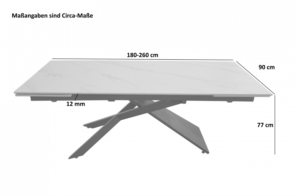 Esstisch Keramik weiß 180(260) x 90 ausziehbar Mikado-Gestell schwarz MAYA itemprop=