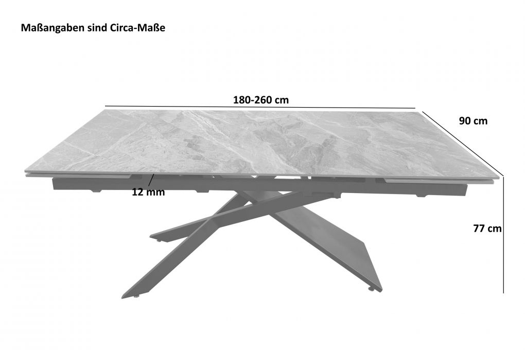 Esstisch Keramik hellgrau 180(260) x 90 ausziehbar Mikado-Gestell schwarz MAYA itemprop=