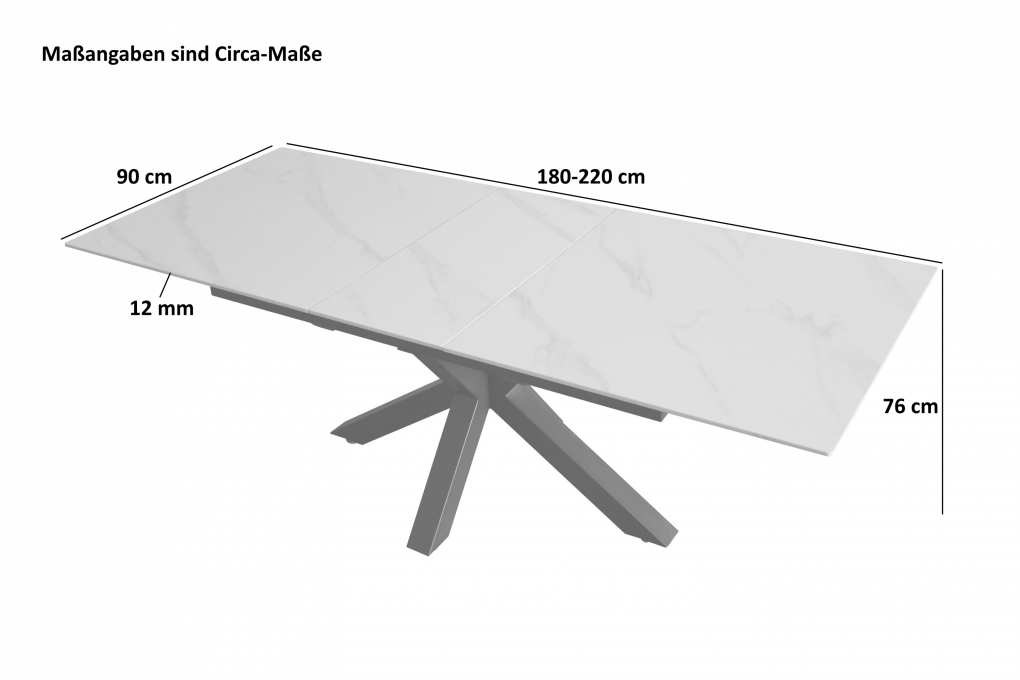 Esstisch Keramik weiß 180(220) x 90 ausziehbar Spider-Gestell schwarz MILLIE itemprop=