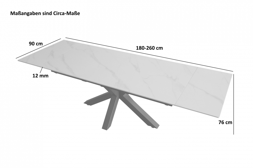 Esstisch Keramik weiß 180(260) x 90 ausziehbar Spider-Gestell schwarz MIMO itemprop=