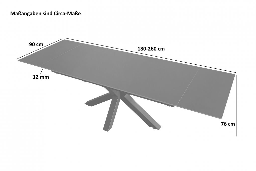 Esstisch Keramik grau 180(260) x 90 Ansteckplatten Spider-Gestell schwarz MIMO itemprop=