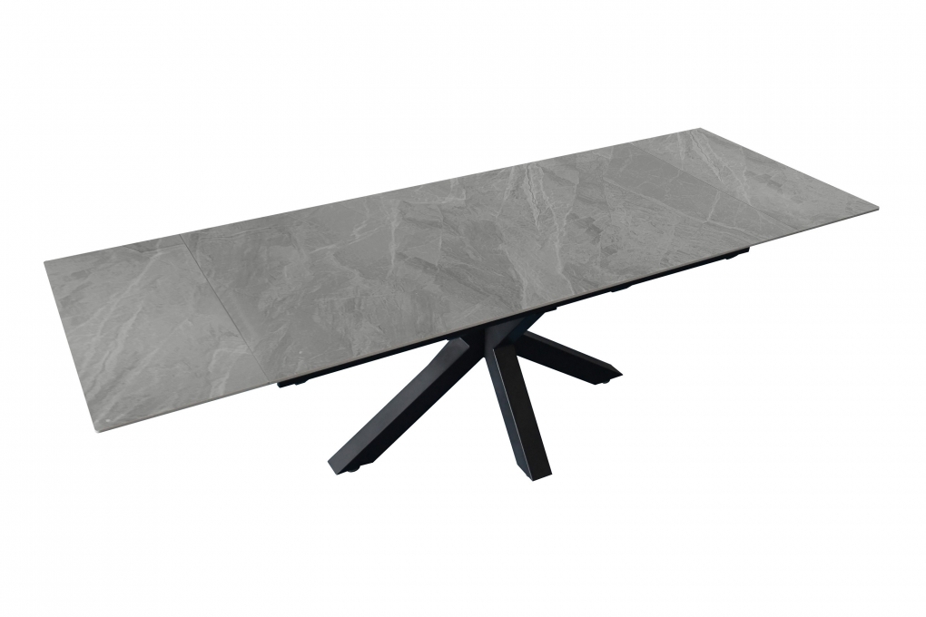 Esstisch Keramik hellgrau 180(260) x 90 Ansteckplatten Spider-Gestell schwarz MIMO itemprop=