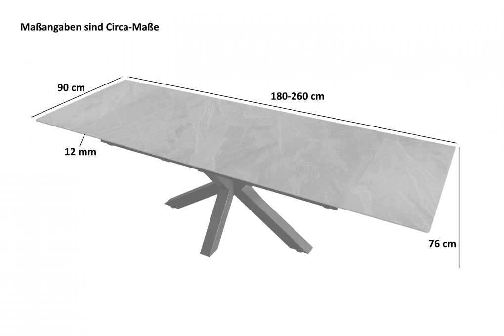 Esstisch Keramik hellgrau 180(260) x 90 Ansteckplatten Spider-Gestell schwarz MIMO itemprop=