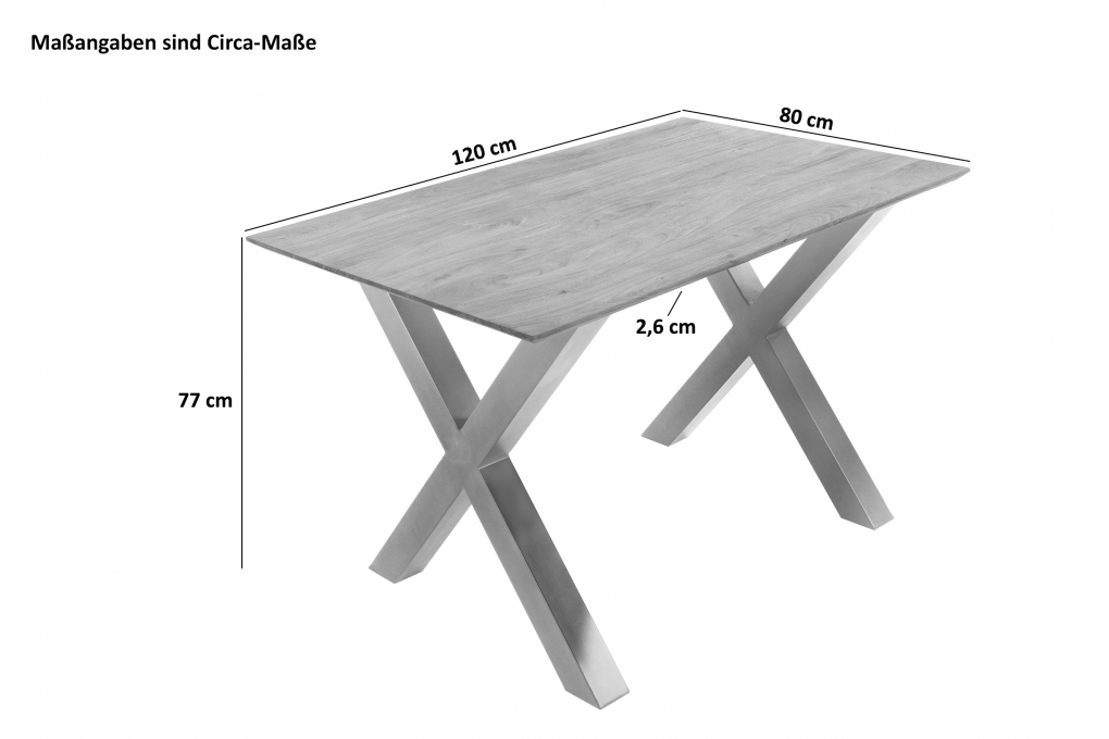 Esstisch 120x80cm Akazie massiv eichenfarben schweizer Kante X-Gestell schwarz DEAN itemprop=