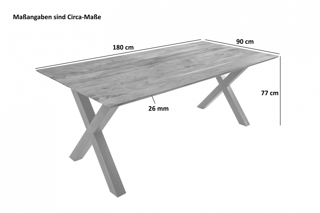 Esstisch 180x90 cm Akazie massiv eichenfarben schweizer Kante X-Gestell schwarz DEAN itemprop=