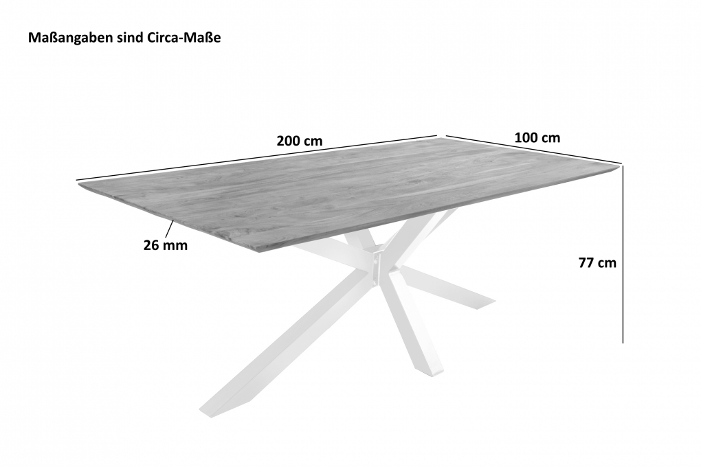 Esstisch 200x100 cm Akazie massiv eichenfarben schweizer Kante Spider-Gestell weiß DEAN itemprop=